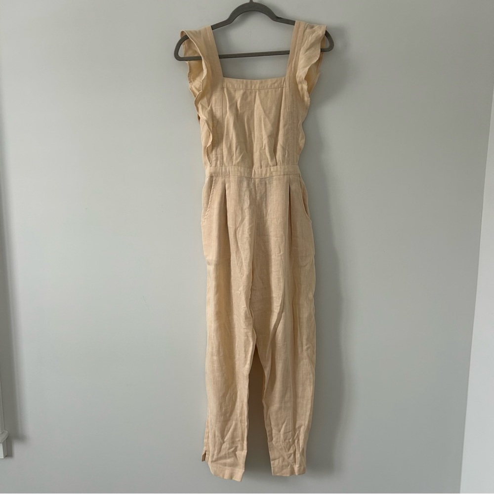Anthropologie Rue Stiic Lucia Square Neck Ruffle Strap Linen Romper Husk Small